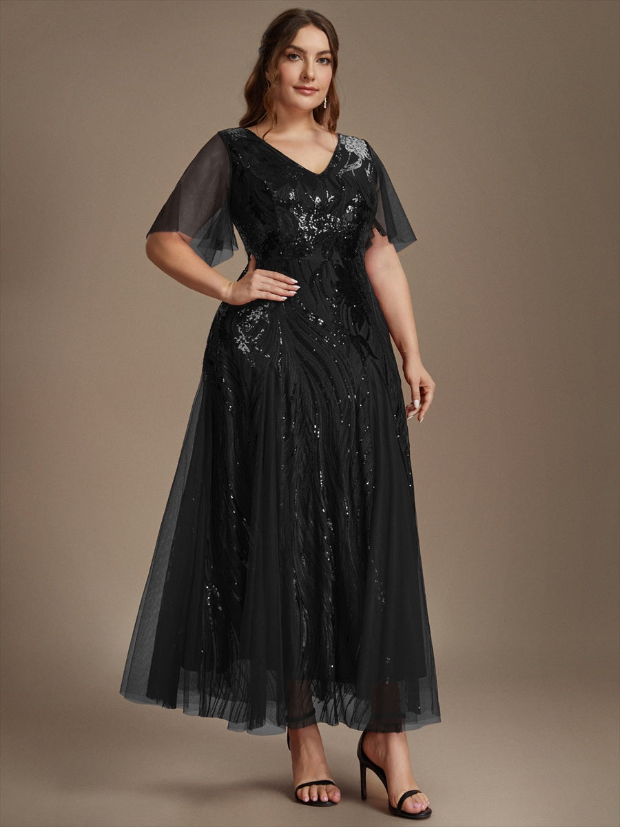 Plus Size Sequin Ruffle Sleeve Evening Dress #color_Black