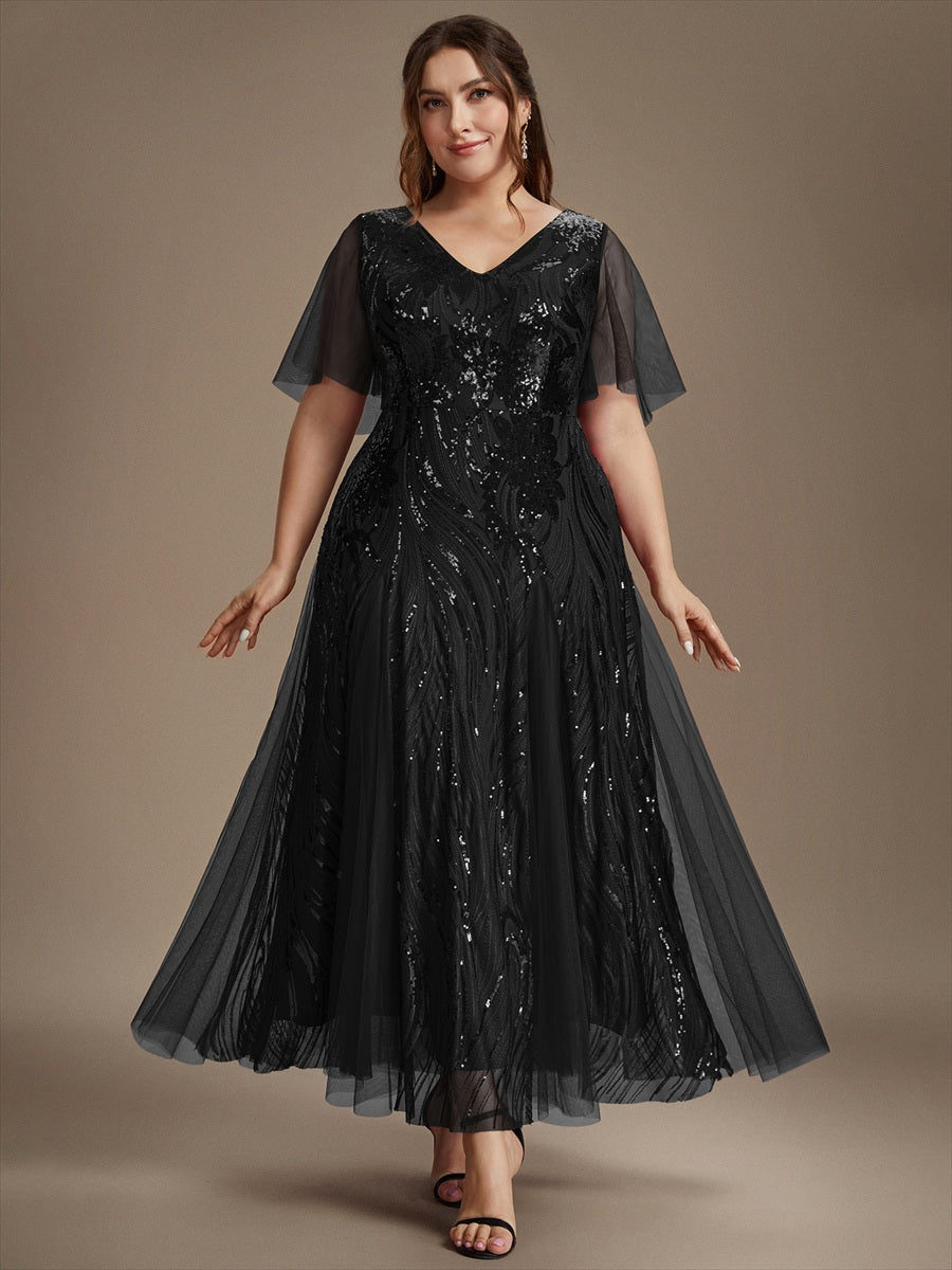 Plus Size Sequin Ruffle Sleeve Evening Dress #color_Black