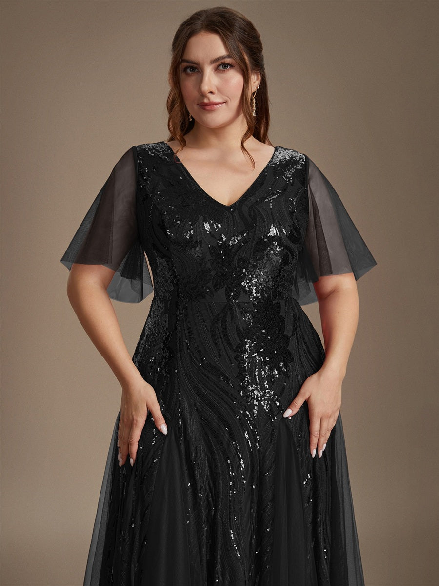 Plus Size Sequin Ruffle Sleeve Evening Dress #color_Black