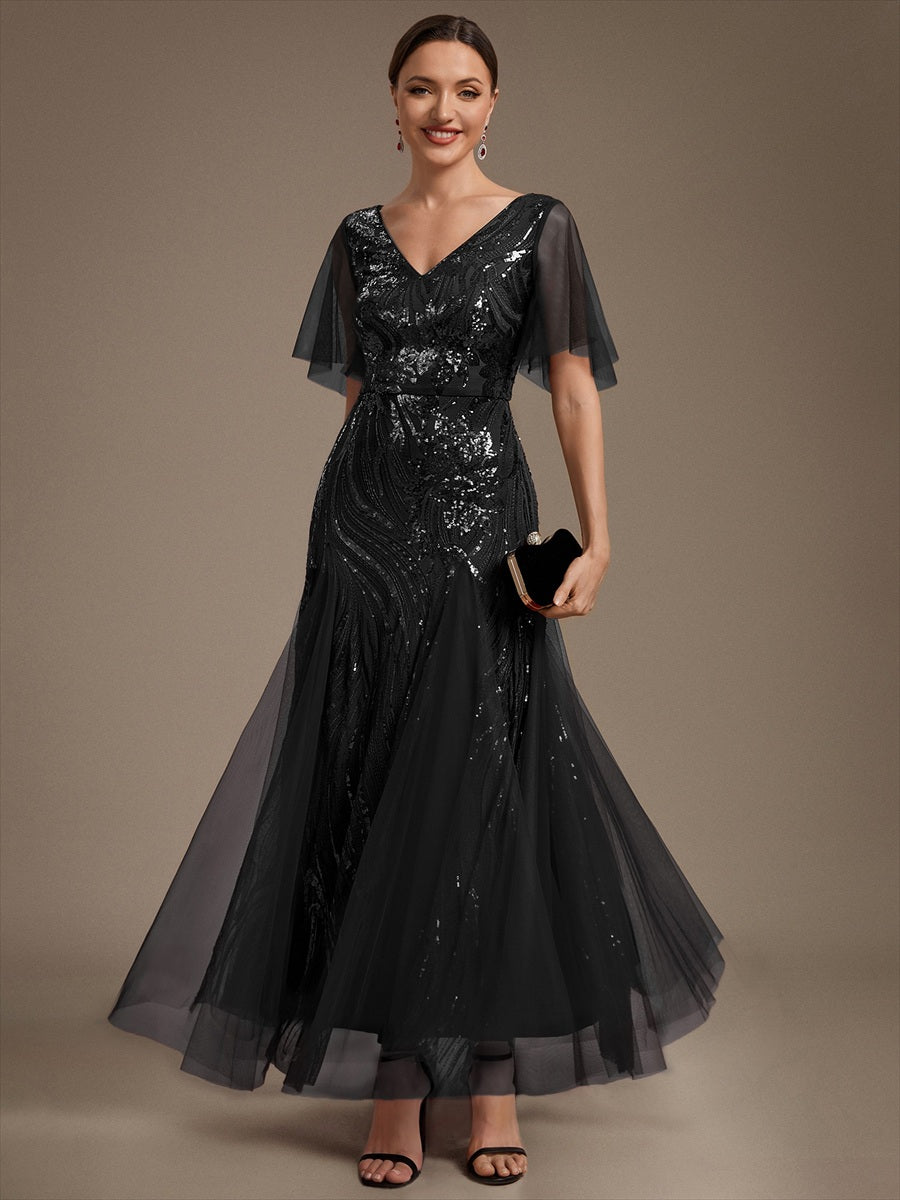 Sequin Tulle Ruffle Sleeve Maxi Evening Dress #color_Black