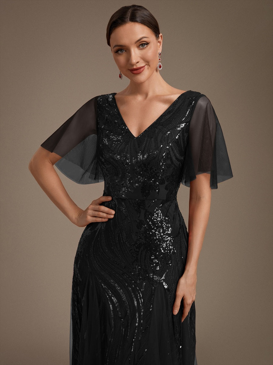 Sequin Tulle Ruffle Sleeve Maxi Evening Dress #color_Black