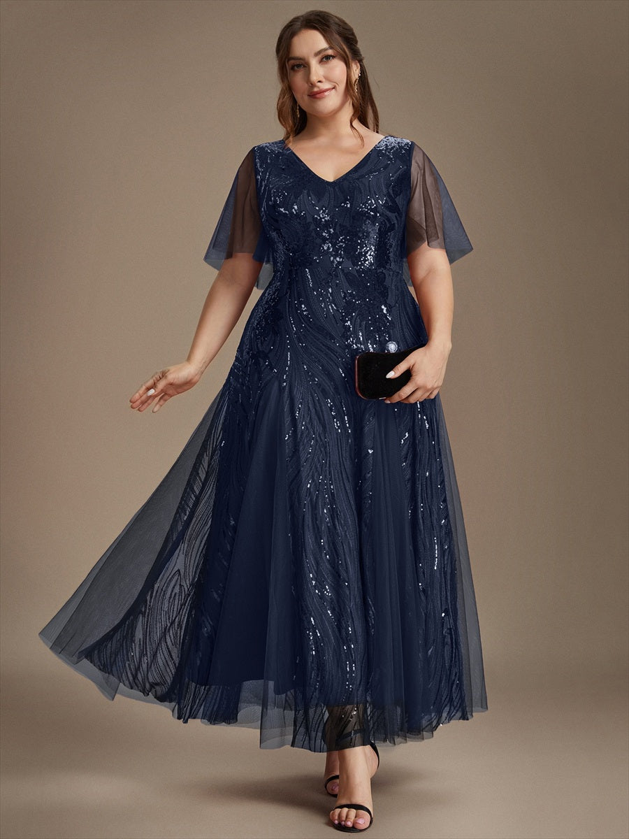 Plus Size Sequin Ruffle Sleeve Evening Dress #color_Navy Blue