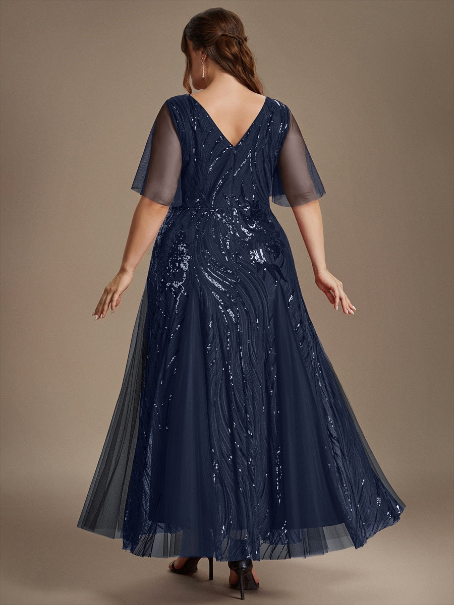 Plus Size Sequin Ruffle Sleeve Evening Dress #color_Navy Blue