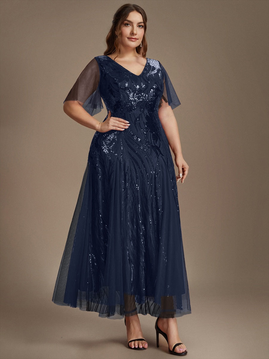 Plus Size Sequin Ruffle Sleeve Evening Dress #color_Navy Blue