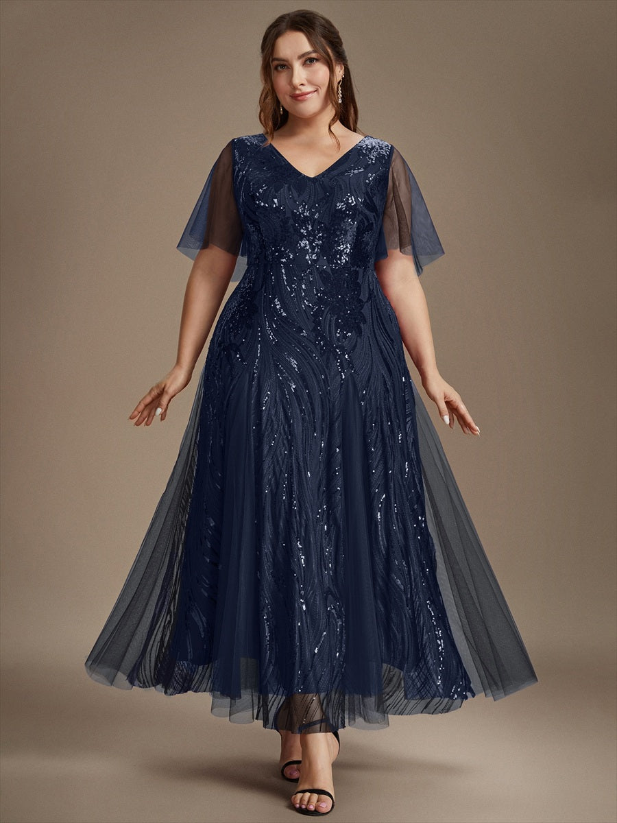 Plus Size Sequin Ruffle Sleeve Evening Dress #color_Navy Blue