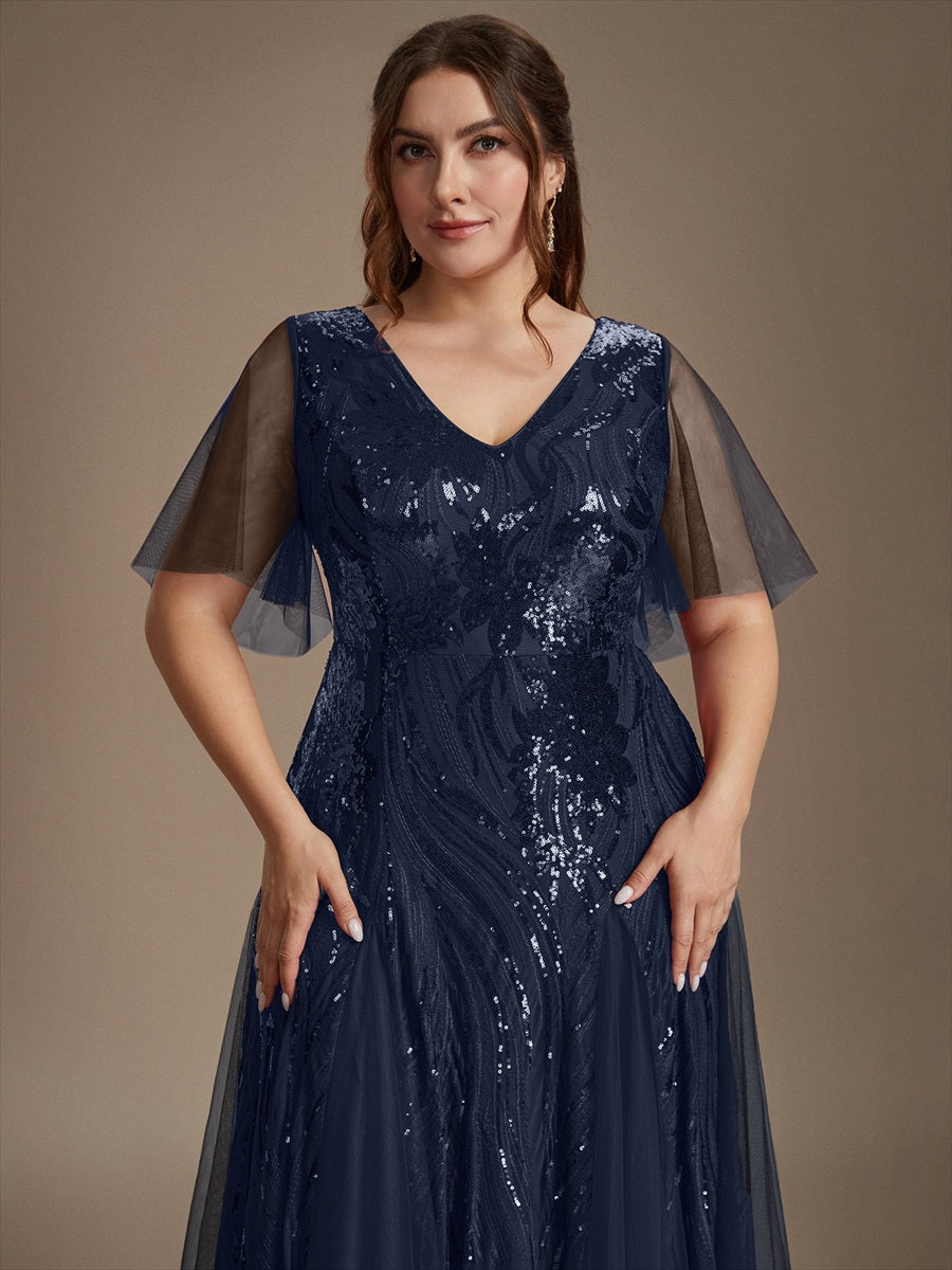 Plus Size Sequin Ruffle Sleeve Evening Dress #color_Navy Blue