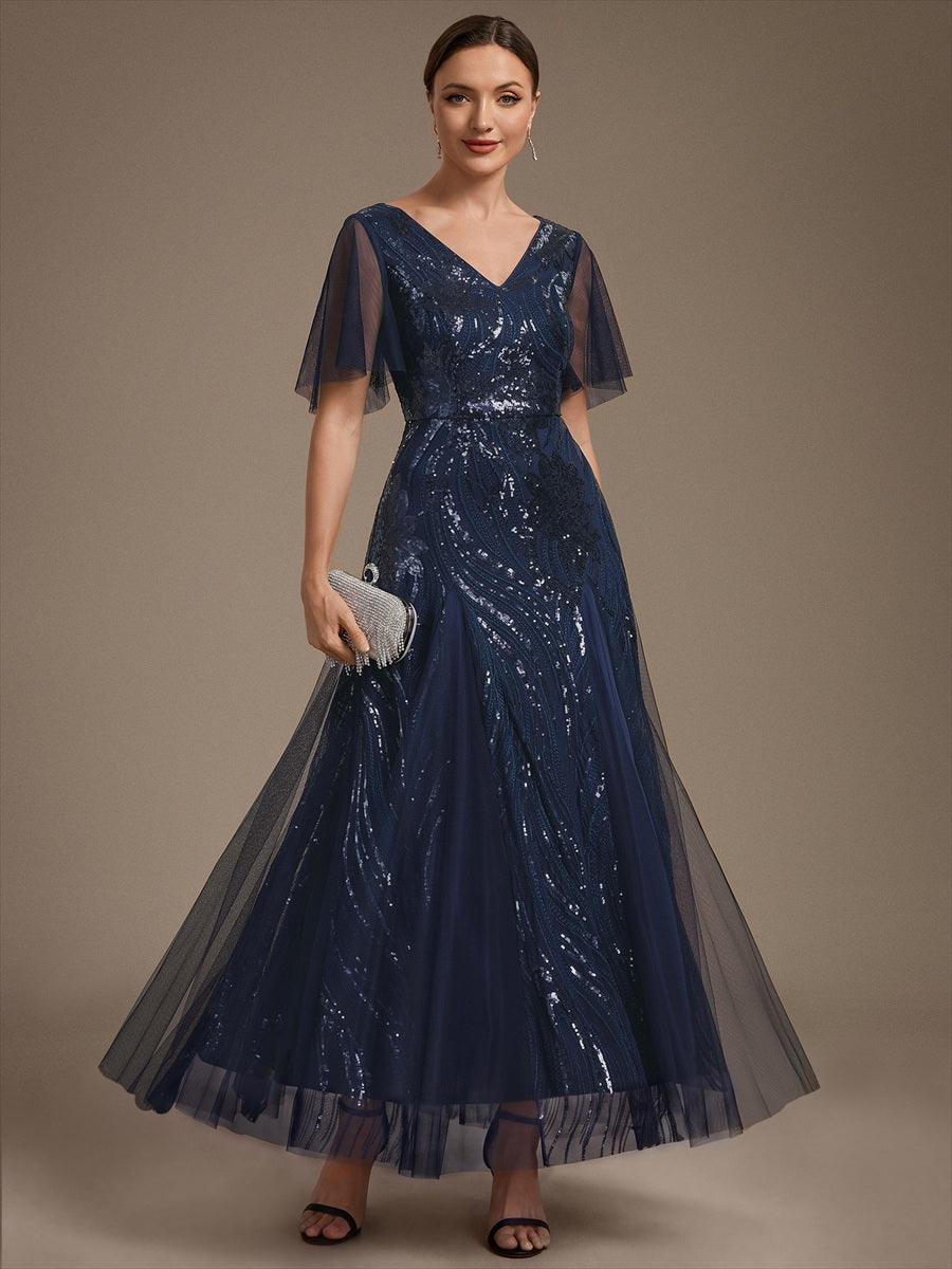 Sequin Tulle Ruffle Sleeve Maxi Evening Dress #color_Navy Blue