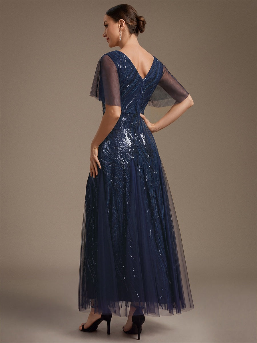 Sequin Tulle Ruffle Sleeve Maxi Evening Dress #color_Navy Blue