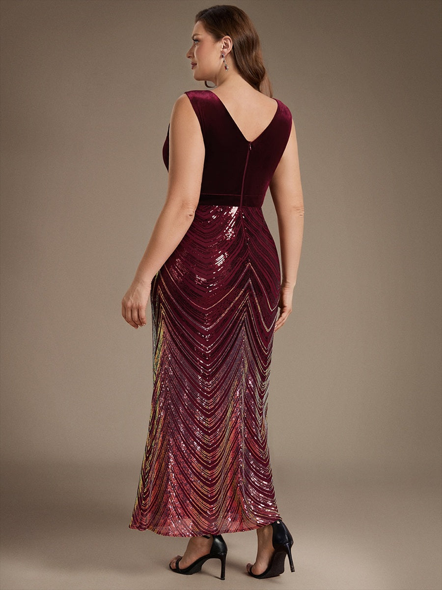 Sequins Sleeveless Mermaid Evening Dress #color_Burgundy