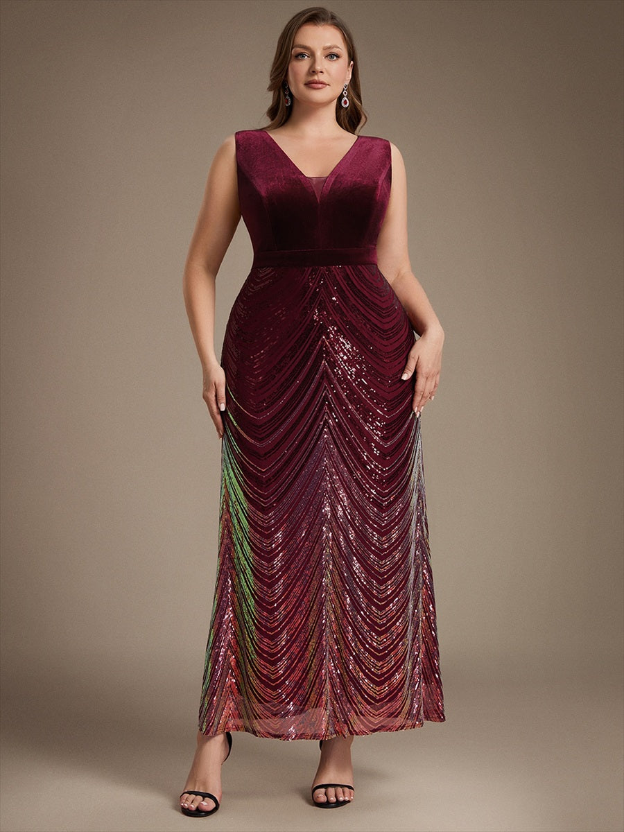 Plus Size Sequins Sleeveless Mermaid Formal Dress #color_Burgundy