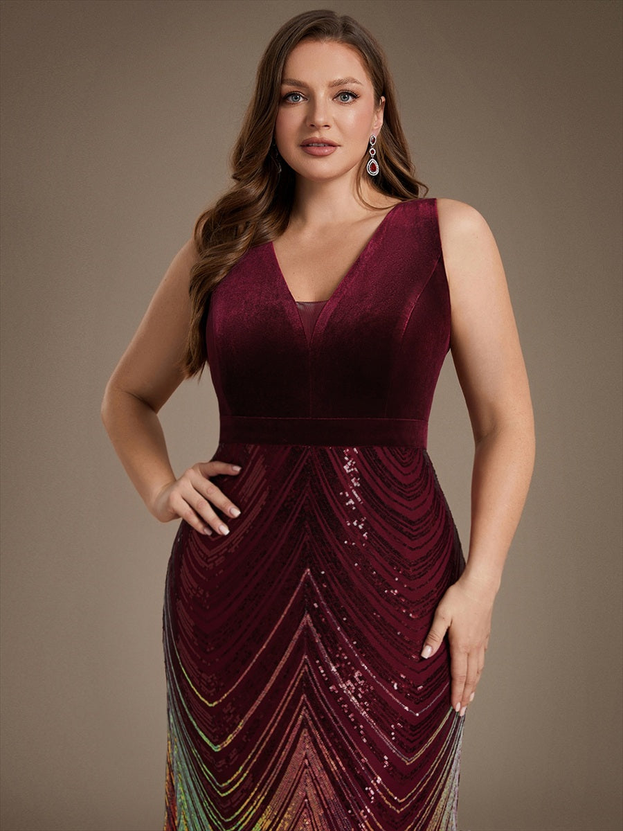 Plus Size Sequins Sleeveless Mermaid Formal Dress #color_Burgundy
