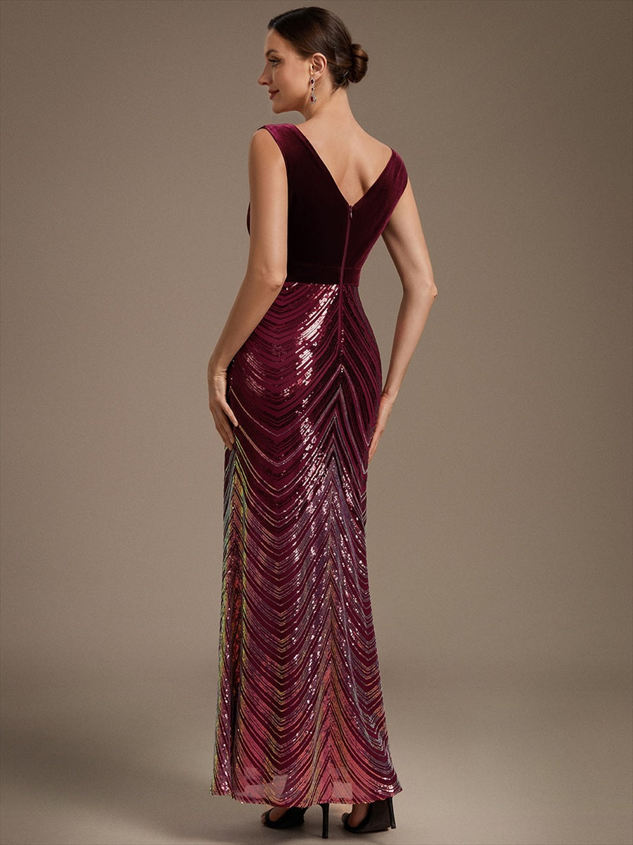 Sequins Sleeveless Mermaid Evening Dress #color_Burgundy