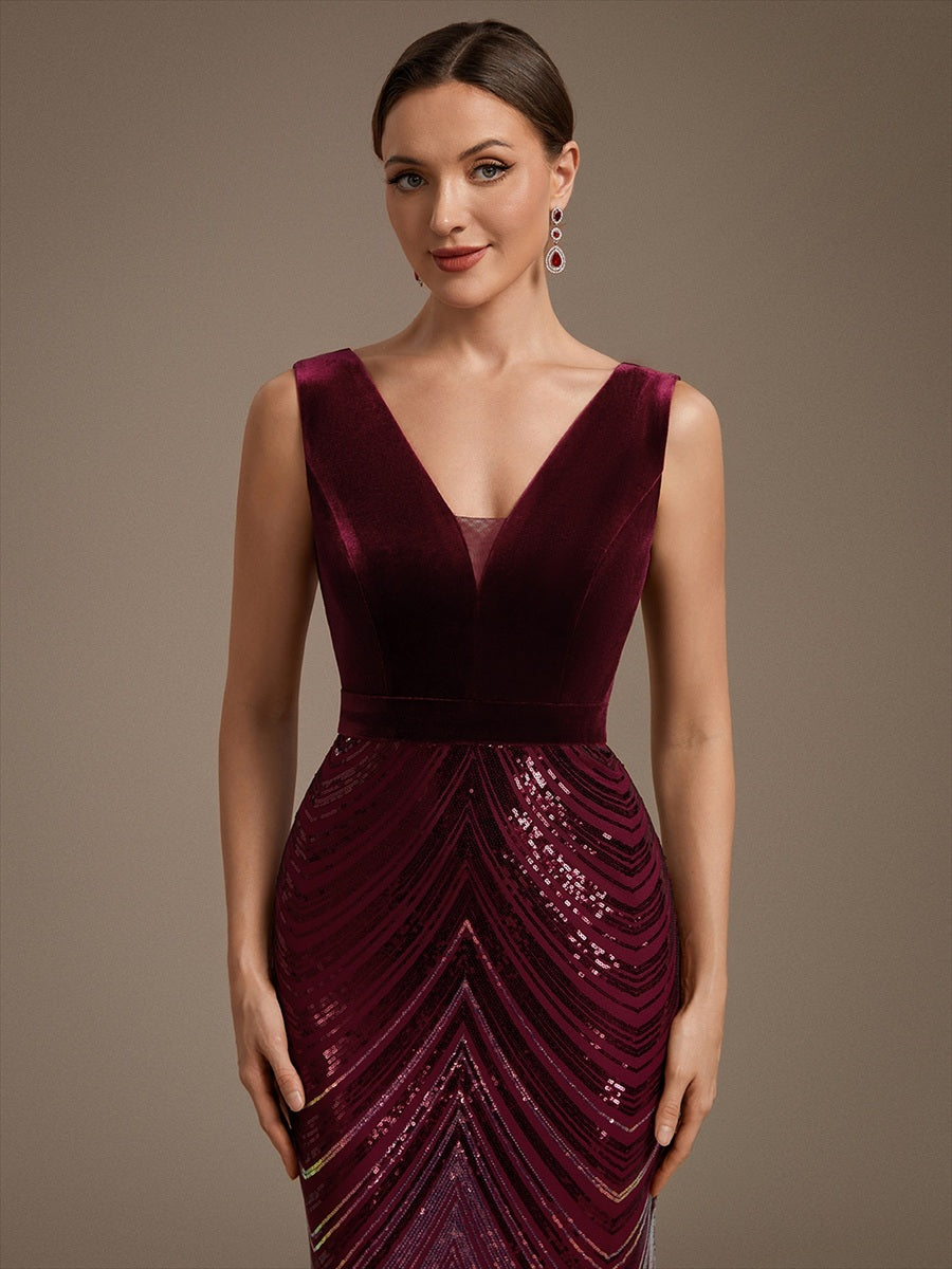 Sequins Sleeveless Mermaid Evening Dress #color_Burgundy