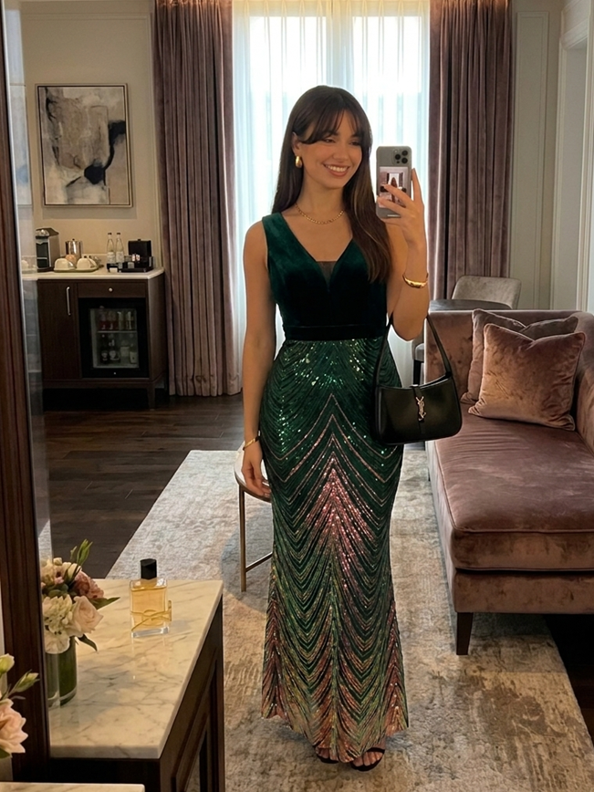 Sequins Sleeveless Mermaid Evening Dress #color_Dark Green