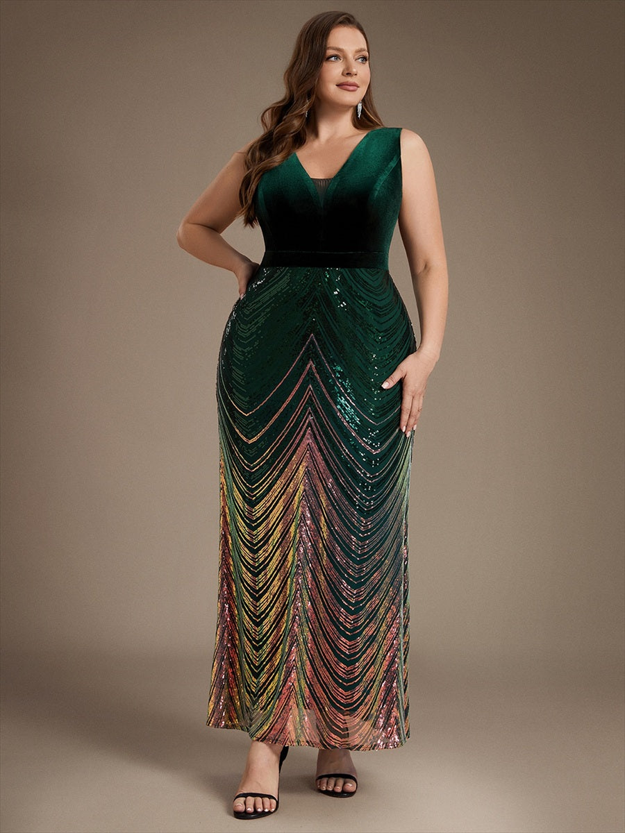 Plus Size Sequins Sleeveless Mermaid Formal Dress #color_Dark Green