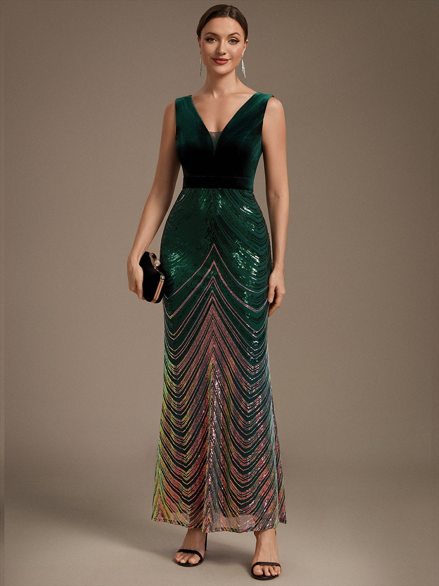 Sequins Sleeveless Mermaid Evening Dress #color_Dark Green
