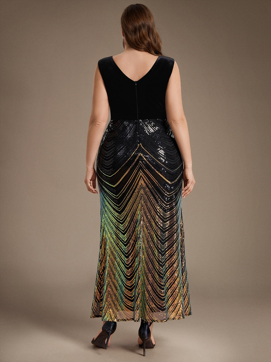 Plus Size Sequins Sleeveless Mermaid Formal Dress #color_Black & Gold