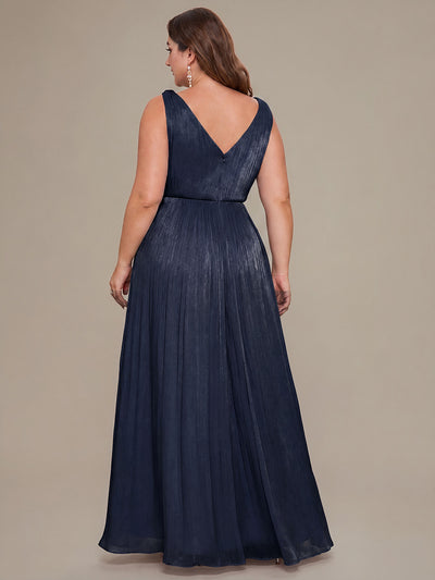 Plus Size Gathered Sea-island filament fabircs Evening Dress #color_Navy Blue