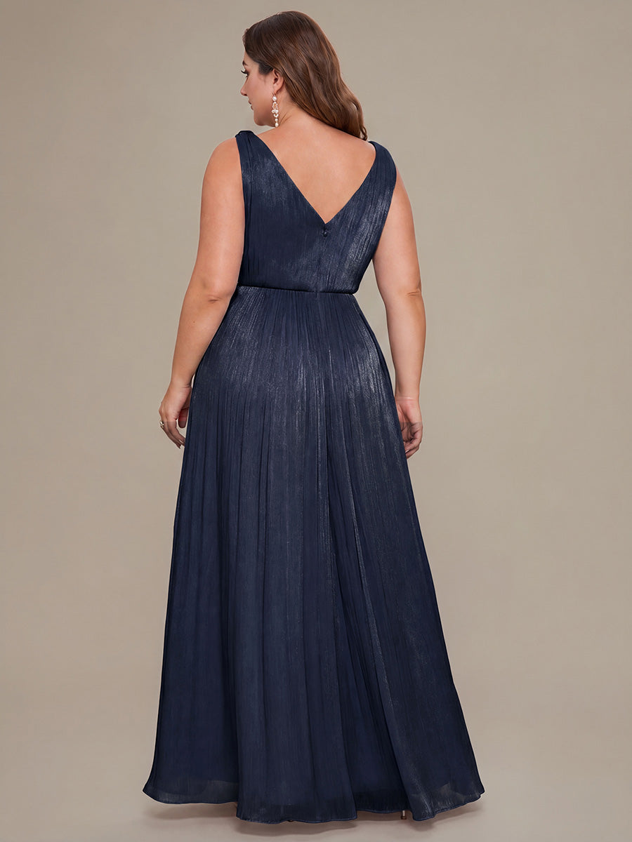 Plus Size Gathered Sea-island filament fabircs Evening Dress #color_Navy Blue