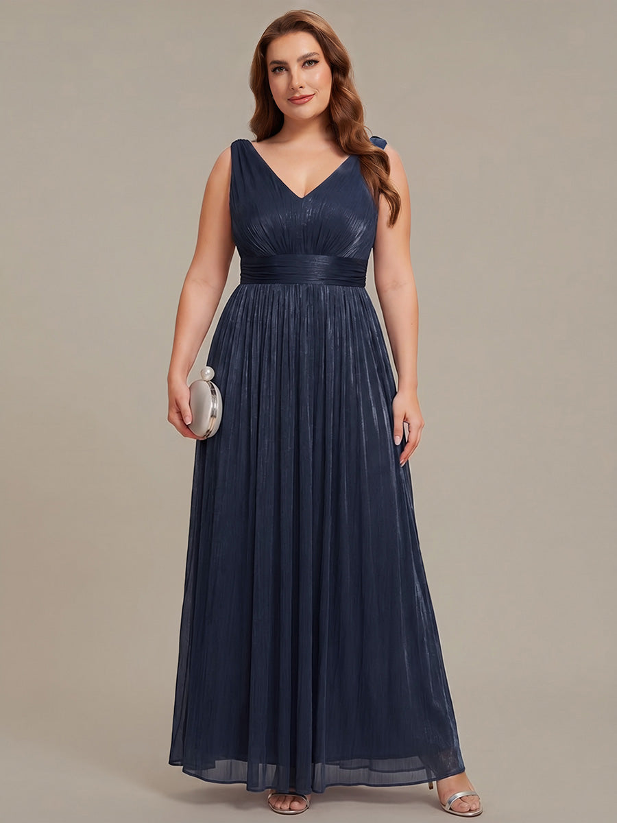 Plus Size Gathered Sea-island filament fabircs Evening Dress #color_Navy Blue
