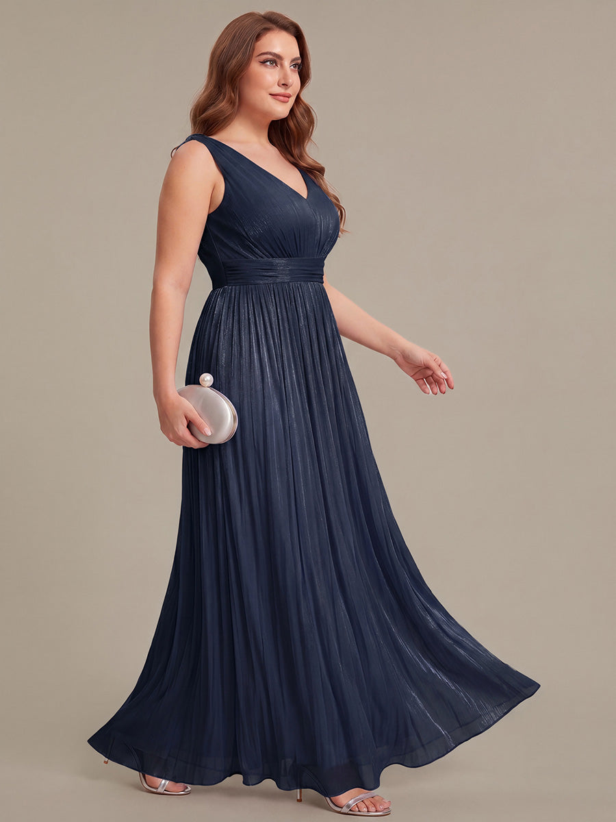 Plus Size Gathered Sea-island filament fabircs Evening Dress #color_Navy Blue