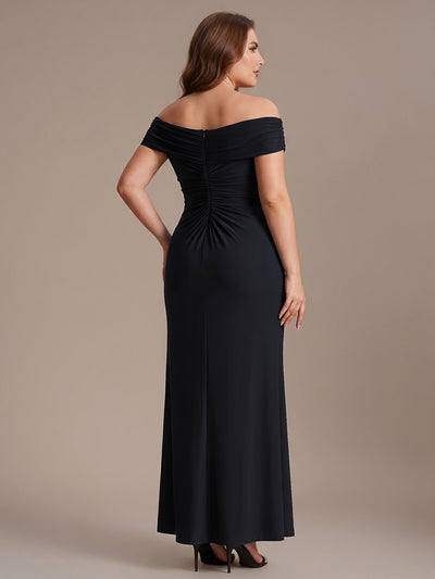 Plus Size Knit Off-the-shoulder Sleeve Evening Dress #color_Black