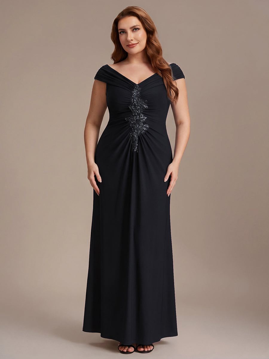 Plus Size Knit Off-the-shoulder Sleeve Evening Dress #color_Black