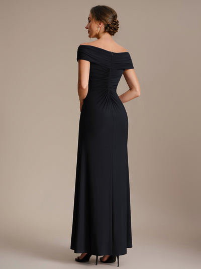 Knit Off-the-shoulder Sleeve Bodycon Evening Dress #color_Black
