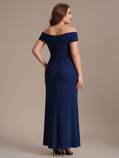 Plus Size Knit Off-the-shoulder Sleeve Evening Dress #color_Navy Blue