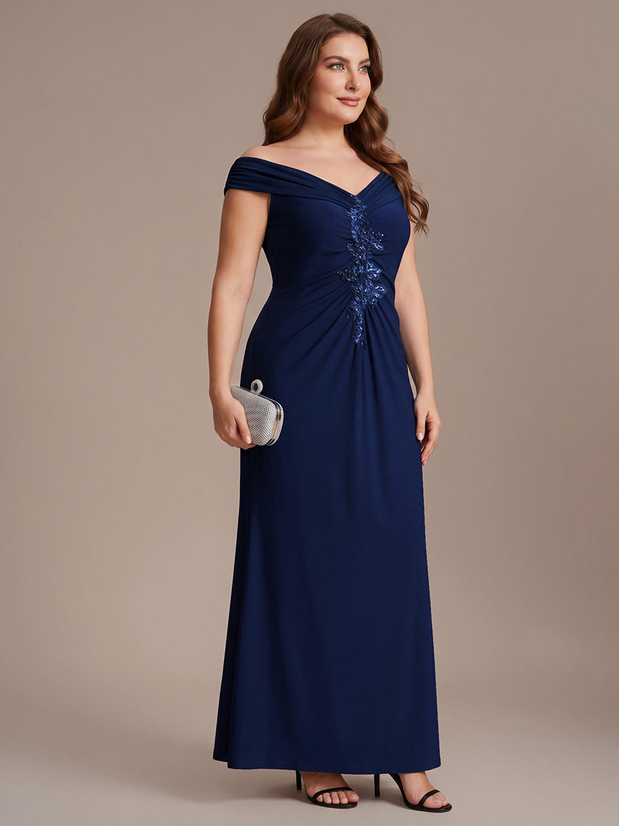 Plus Size Knit Off-the-shoulder Sleeve Evening Dress #color_Navy Blue