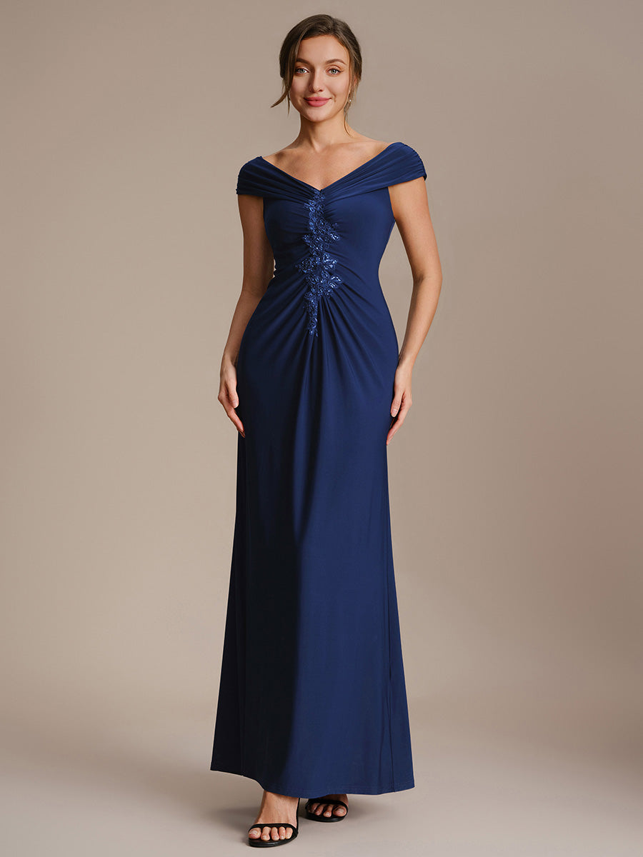 Knit Off-the-shoulder Sleeve Bodycon Evening Dress #color_Navy Blue