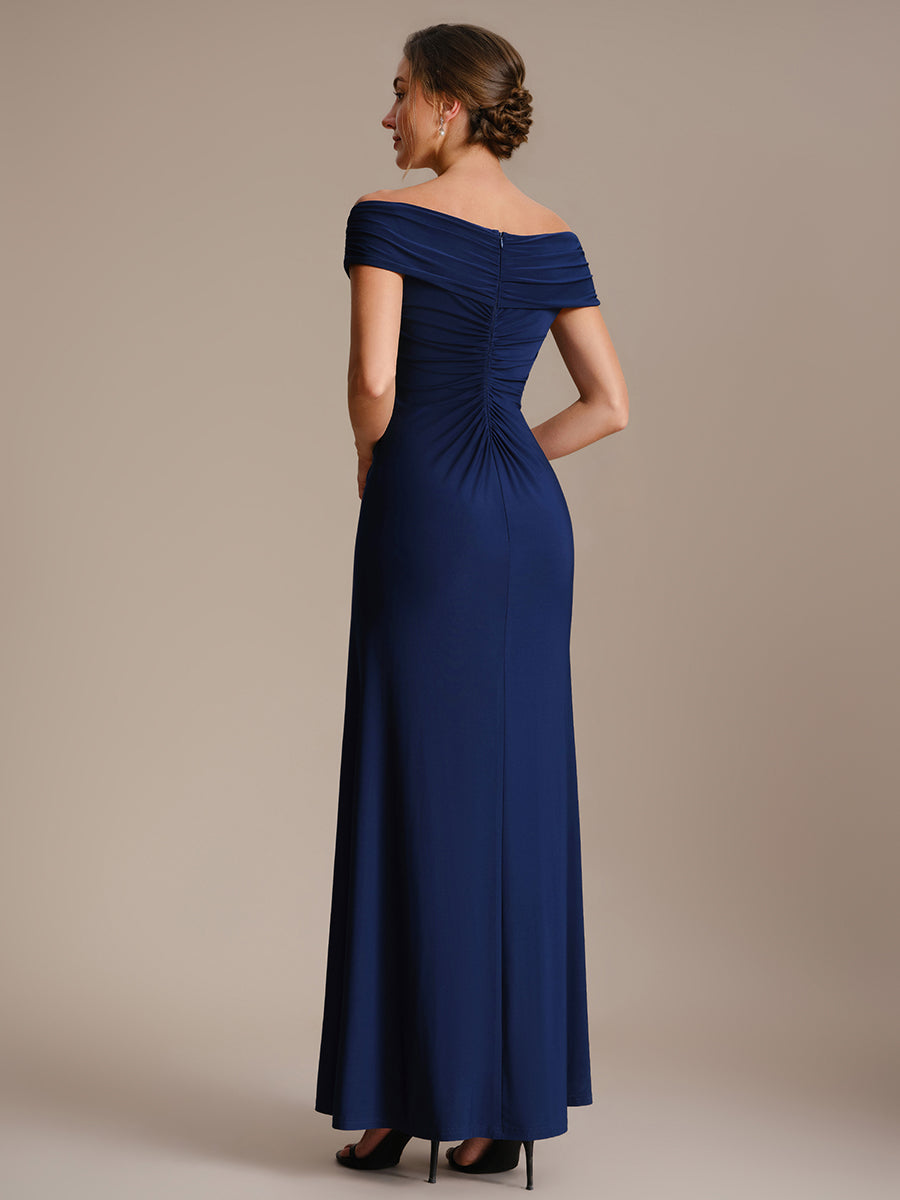 Knit Off-the-shoulder Sleeve Bodycon Evening Dress #color_Navy Blue