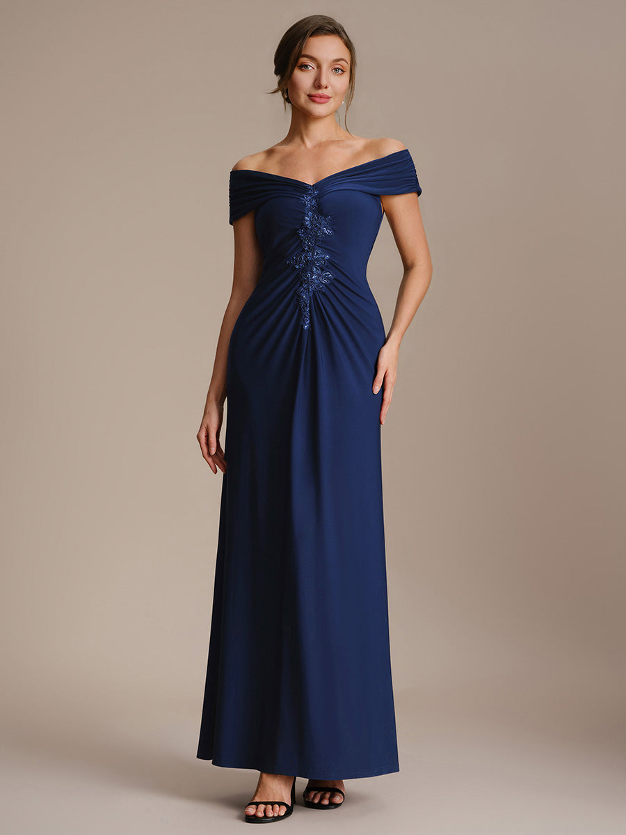 Knit Off-the-shoulder Sleeve Bodycon Evening Dress #color_Navy Blue