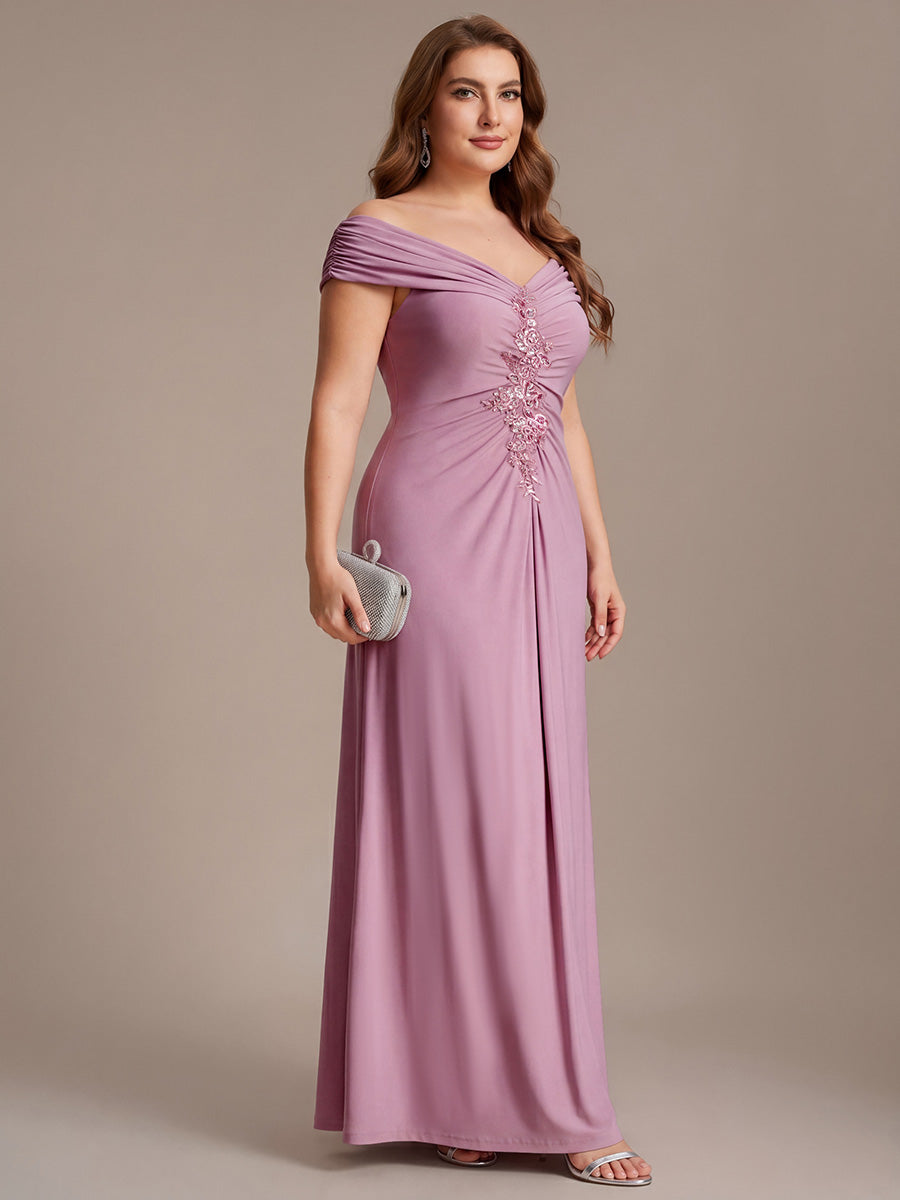 Plus Size Knit Off-the-shoulder Sleeve Evening Dress #color_Purple Orchid