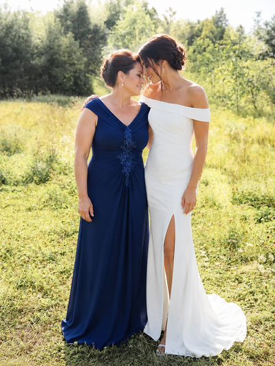 Plus Size Knit Off-the-shoulder Sleeve Evening Dress #color_Navy Blue