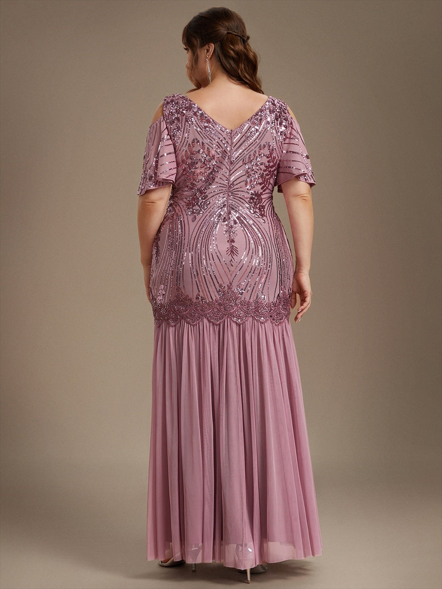 Plus Size Sequin Cutout Ruffle Sleeve Evening Dress #color_Purple Orchid