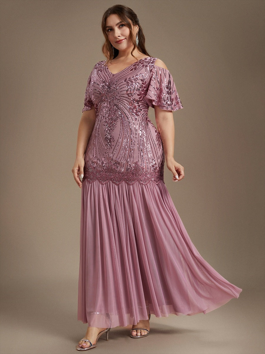 Plus Size Sequin Cutout Ruffle Sleeve Evening Dress #color_Purple Orchid