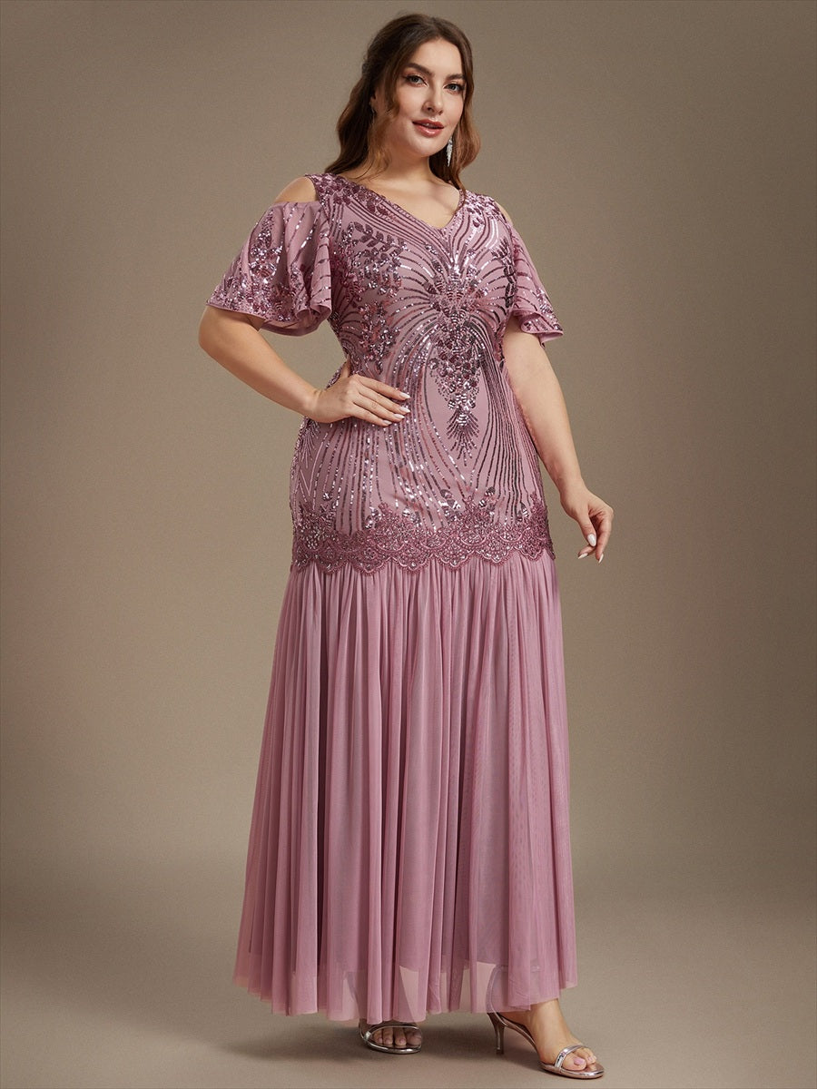 Plus Size Sequin Cutout Ruffle Sleeve Evening Dress #color_Purple Orchid