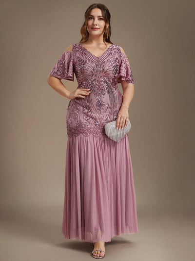 Plus Size Sequin Cutout Ruffle Sleeve Evening Dress