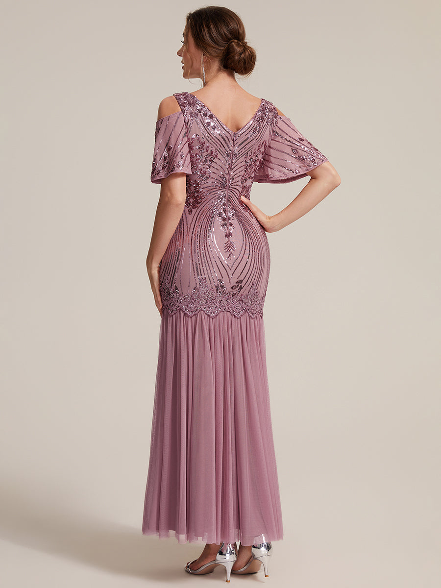 Sequin CutOut Ruffle Sleeve Sheath Evening Dress #color_Purple Orchid