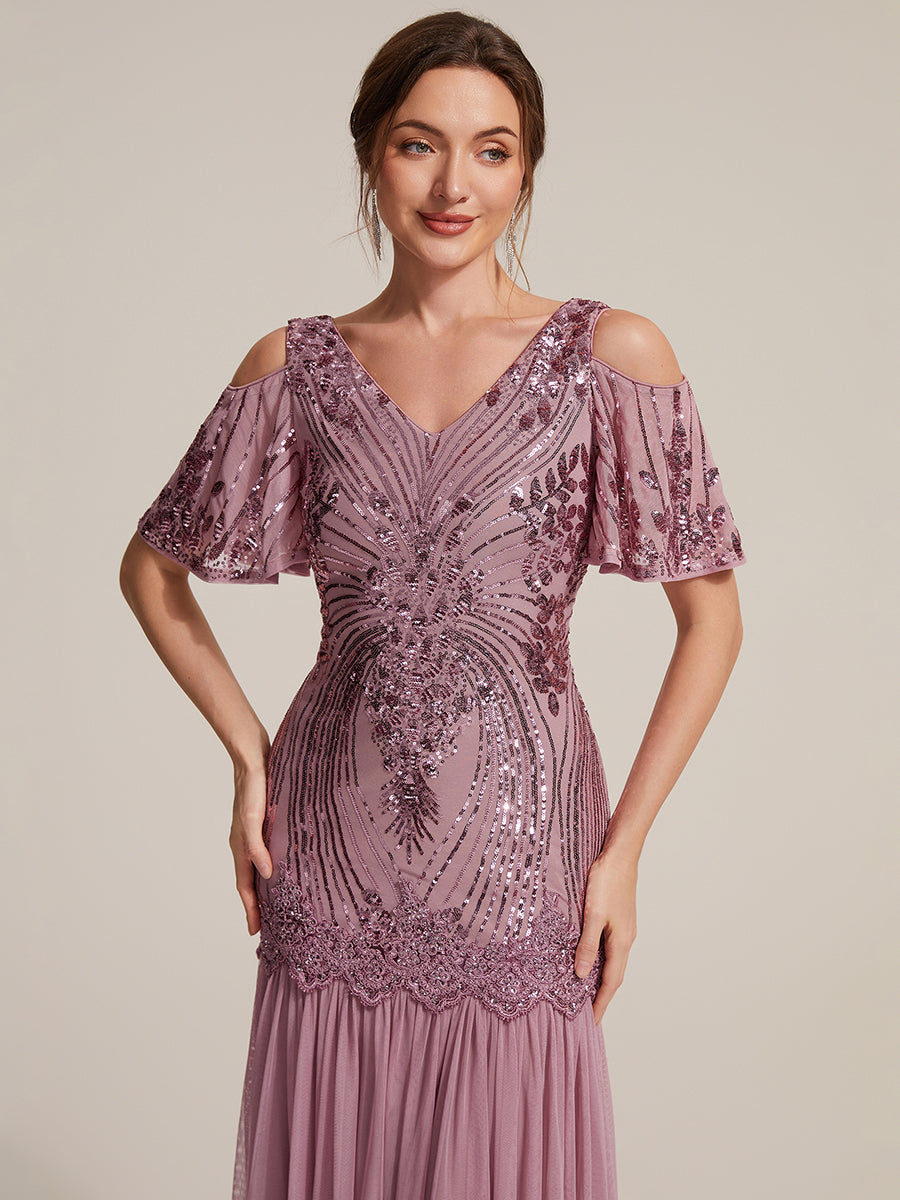 Sequin CutOut Ruffle Sleeve Sheath Evening Dress #color_Purple Orchid