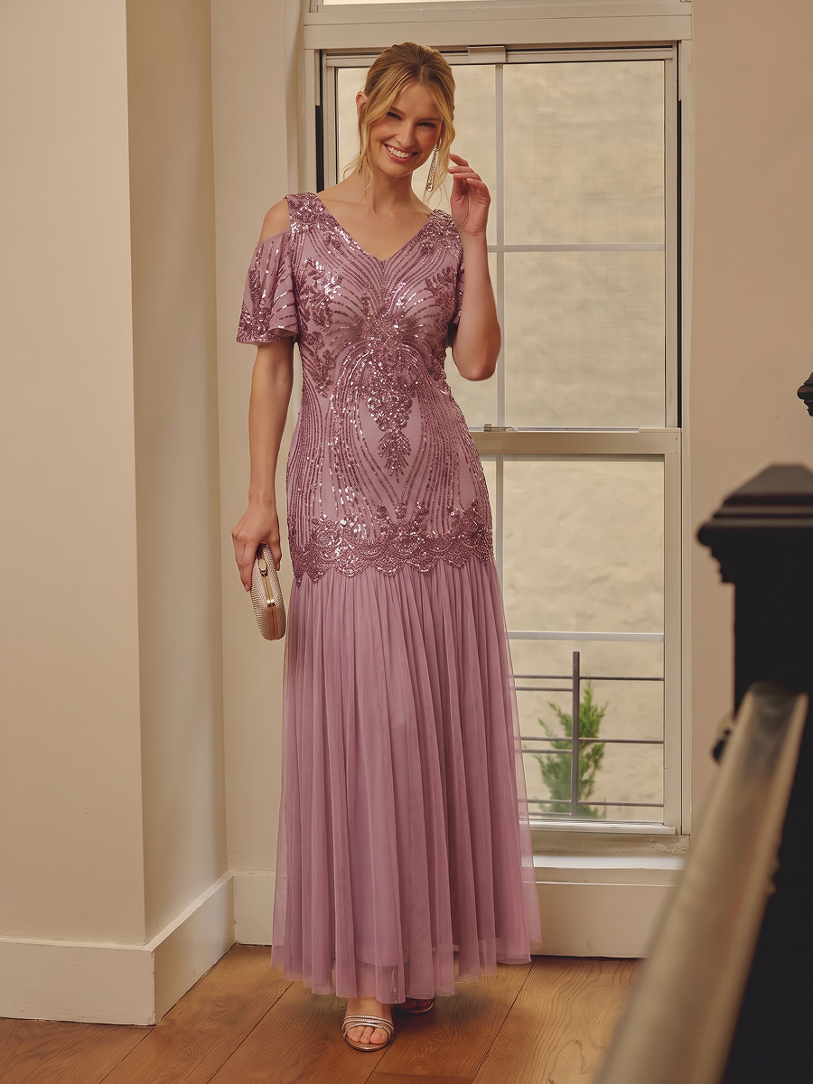 Sequin CutOut Ruffle Sleeve Sheath Evening Dress #color_Purple Orchid