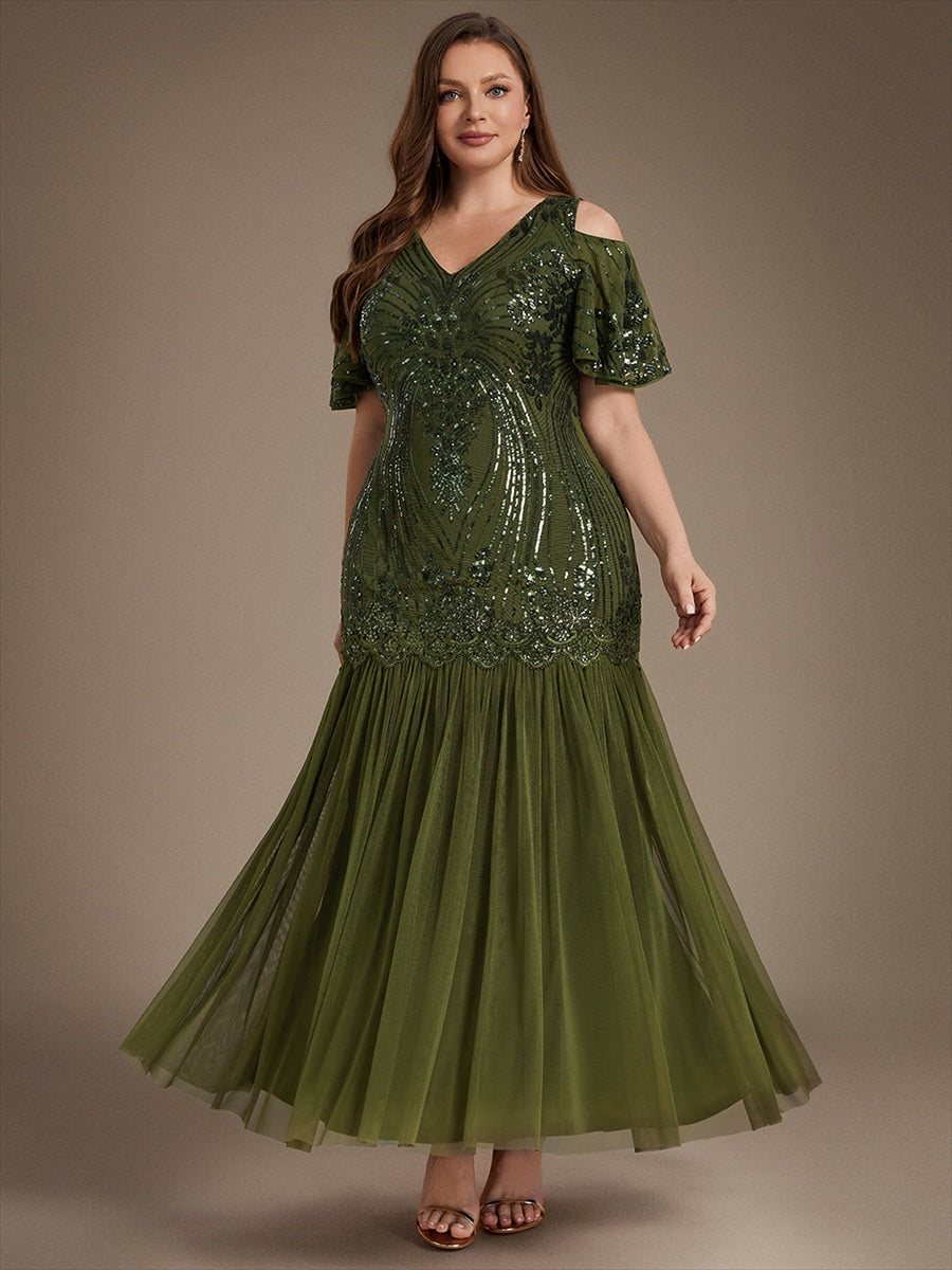 Sequin CutOut Ruffle Sleeve Sheath Evening Dress #color_Olive Green