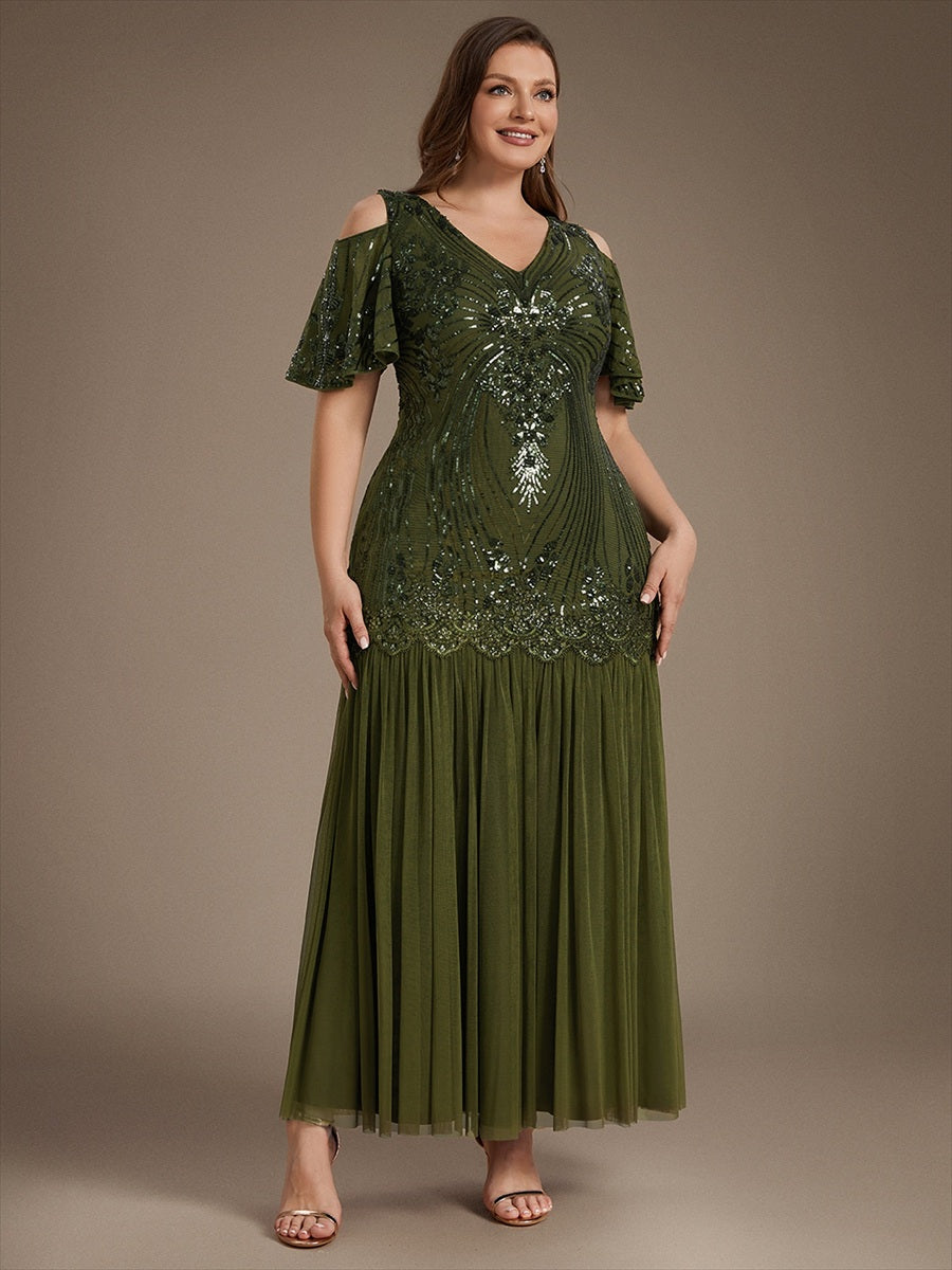 Plus Size Sequin Cutout Ruffle Sleeve Evening Dress #color_Olive Green
