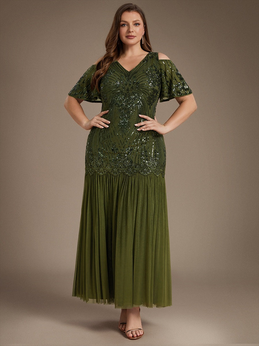 Plus Size Sequin Cutout Ruffle Sleeve Evening Dress #color_Olive Green