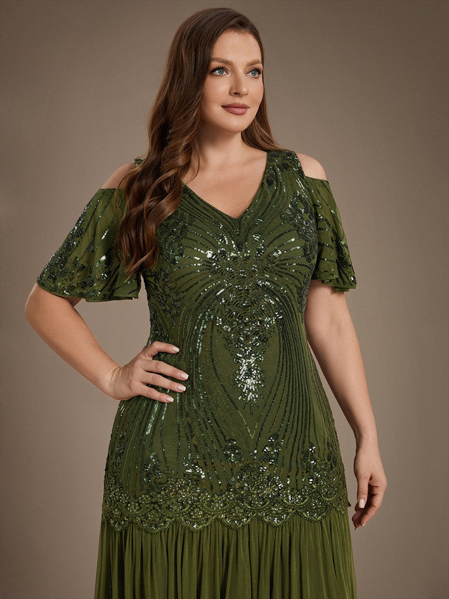 Plus Size Sequin Cutout Ruffle Sleeve Evening Dress #color_Olive Green