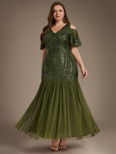 Plus Size Sequin Cutout Ruffle Sleeve Evening Dress