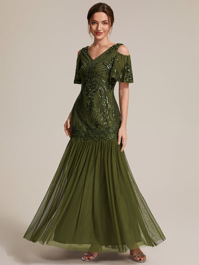 Sequin CutOut Ruffle Sleeve Sheath Evening Dress