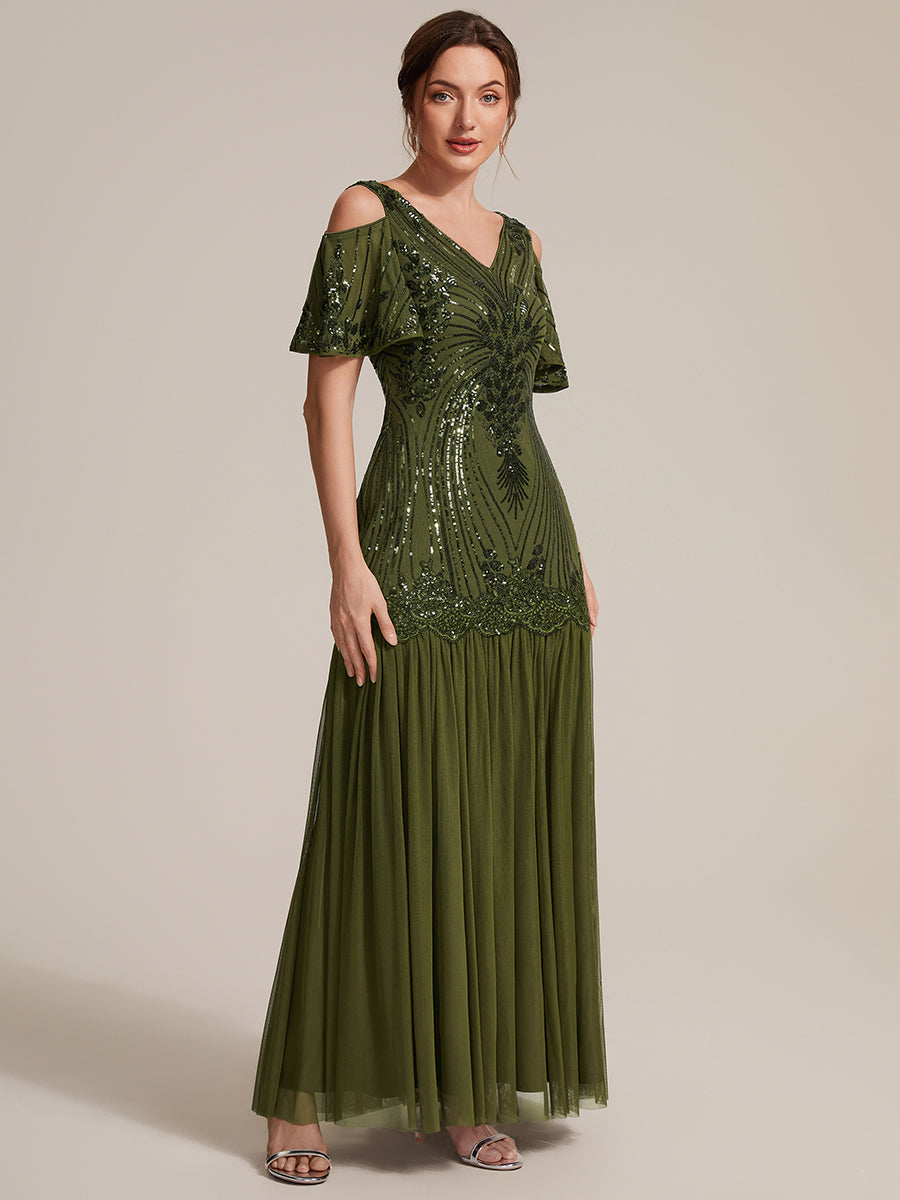 Sequin CutOut Ruffle Sleeve Sheath Evening Dress #color_Olive Green