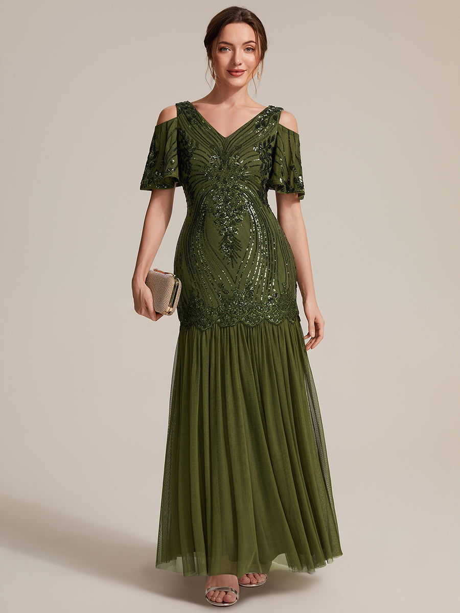 Sequin CutOut Ruffle Sleeve Sheath Evening Dress #color_Olive Green